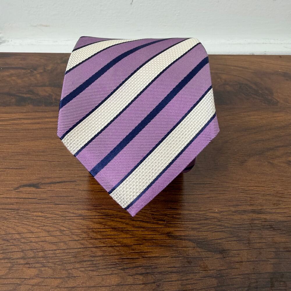 BOSS Hugo Boss Mens Striped Necktie Made in Italy Black Purple White Silk‎ Blend